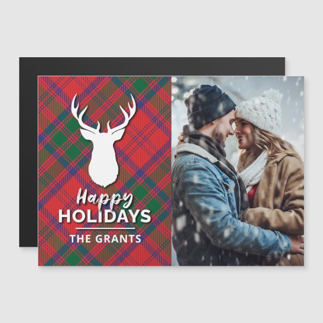 Happy Holidays Photo Modern Red Green Plaid (Front/Back)