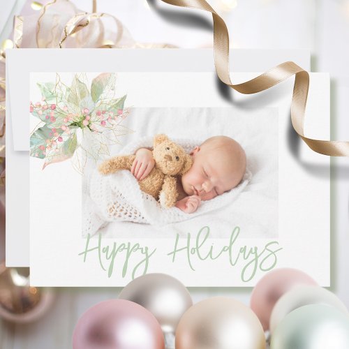 Happy Holidays Photo Pink Gold Pastel Poinsettia Holiday Card