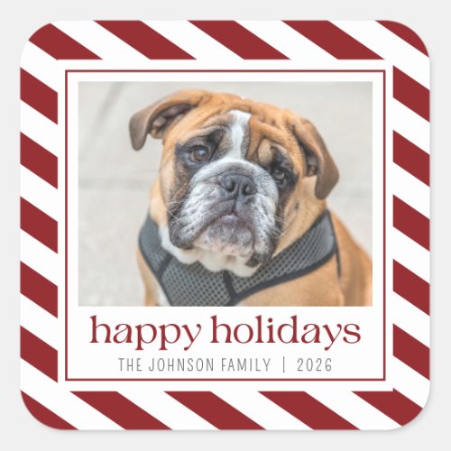 Happy Holidays Photo Red White Stripe  Square Sticker