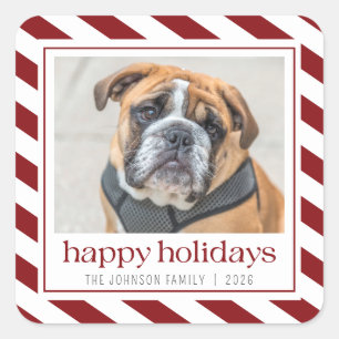 Happy Holidays Photo Red White Stripe  Square Sticker