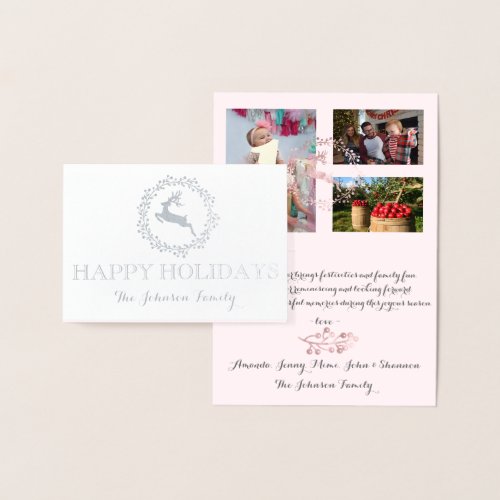 Happy Holidays Photo Reindeer Pink Rose Wreath Foil Card