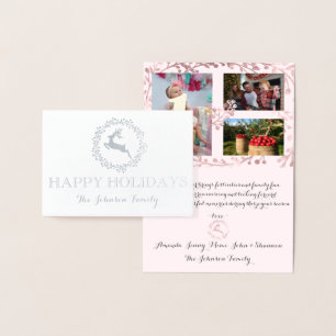 Happy Holidays Photo Reindeer Pink Rose Wreath Foil Card