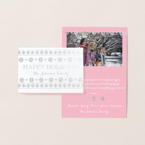 Happy Holidays Photo Snow Pink White Scandynavian Foil Card