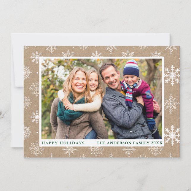 Happy Holidays Photo Snowflakes Kraft Holiday Card (Front)