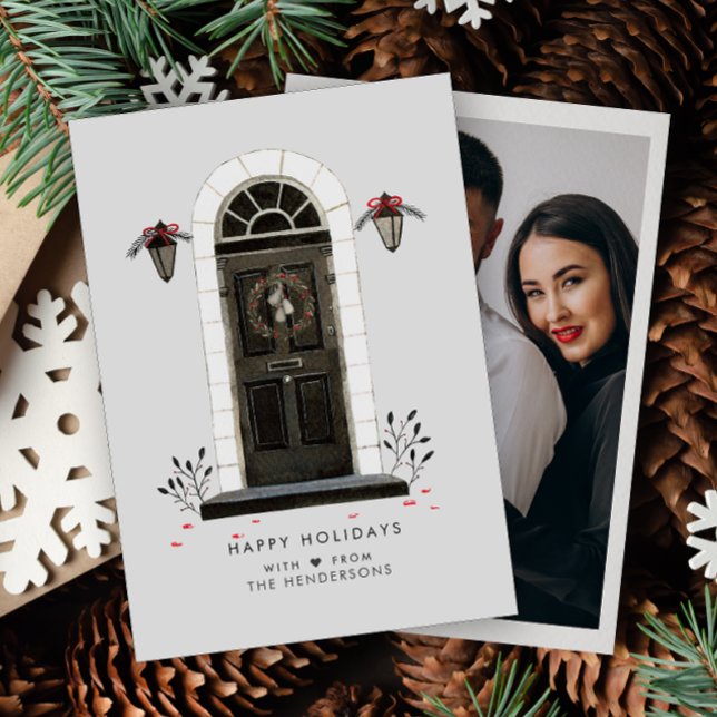 Happy Holidays Photo Watercolor Front Door  Holiday Card (Creator Uploaded)