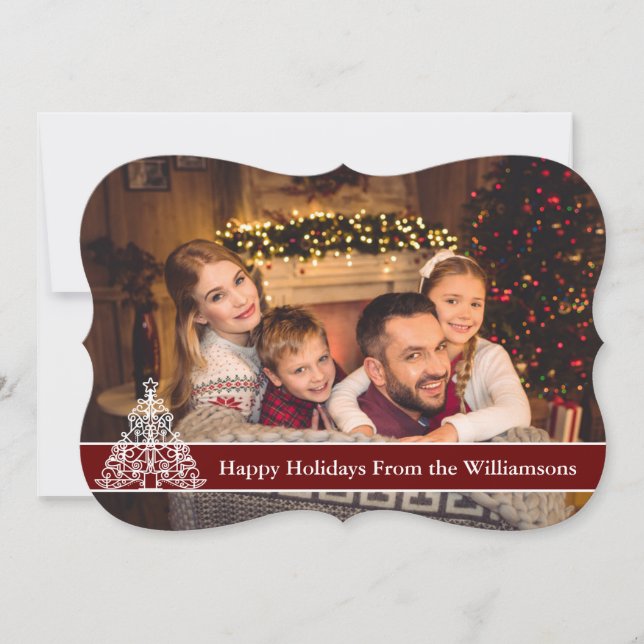 Happy Holidays Photo White Outline Tree Fancy Trim Holiday Card (Front)