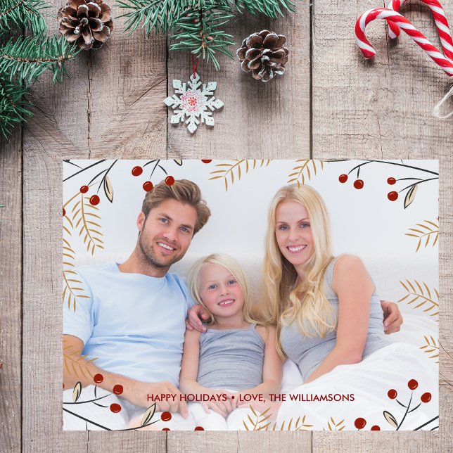 Happy Holidays Photo Winter Botanical Red Berries Holiday Card (Creator Uploaded)