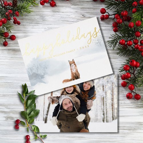 Happy Holidays Photo Winter Scene Fox Gold Foil Holiday Card