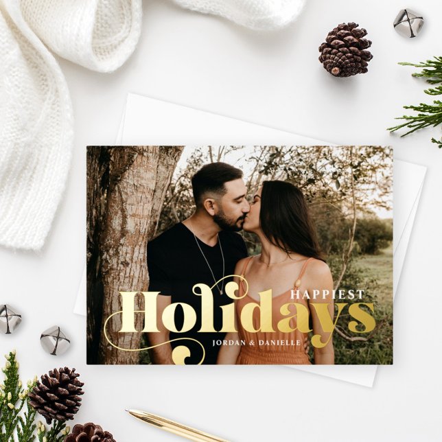 Happy Holidays Photo with Stylish Gold Text Foil Holiday Card (Creator Uploaded)