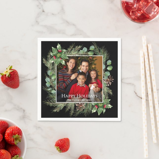 Happy Holidays Photo Wreath Christmas Napkins (Insitu)