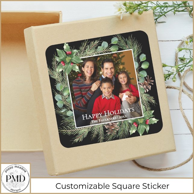 Happy Holidays Photo Wreath Greenery  Square Sticker (Happy Holidays Family Photo Wreath Greenery Botanical Christmas Square Sticker with Name, Year.)