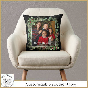 Happy Holidays Photo Wreath Greenery Throw Pillow