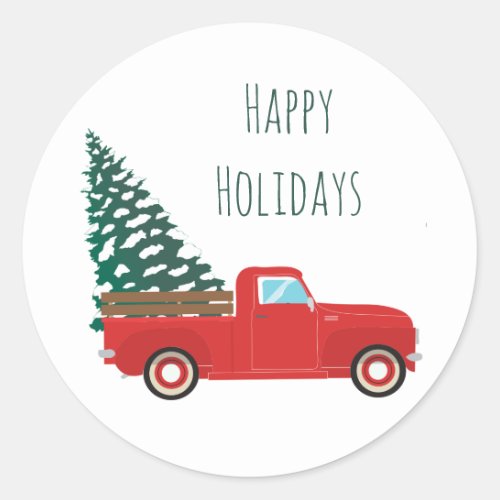 Happy Holidays Pickup Truck Christmas Tree Red Classic Round Sticker