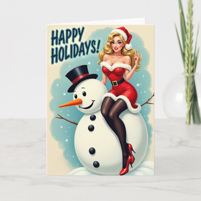 Happy Holidays Pin Up Santa Snowman Card (Front)