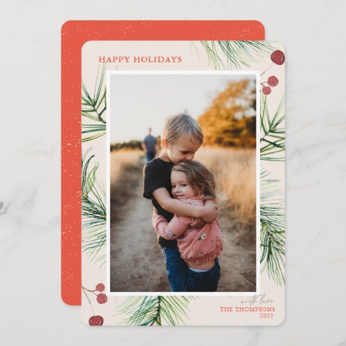 Happy Holidays Pine Berries Coral Photo  Holiday Card