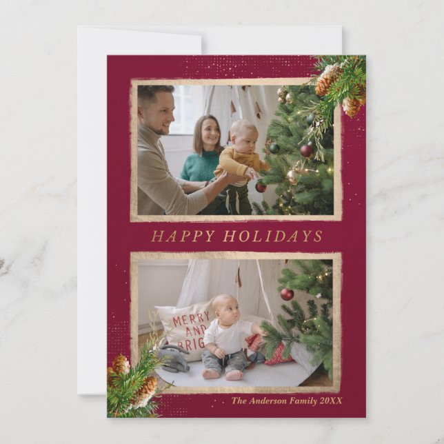 Happy Holidays Pine Branch Gold Accent Photo Holiday Card (Front)