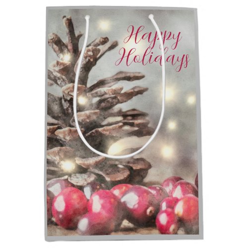 Happy Holidays Pine Cone Holly Berries Medium Gift Bag