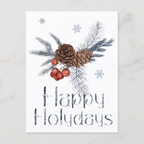 Happy Holidays Pine Cones And Red Berries Postcard