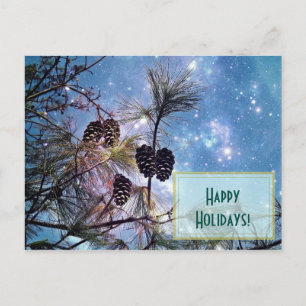 Happy Holidays Pine cones and starry night sky Holiday Postcard