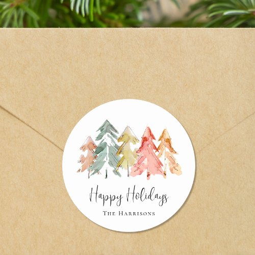 Happy Holidays Pine Tree Watercolor Christmas Classic Round Sticker