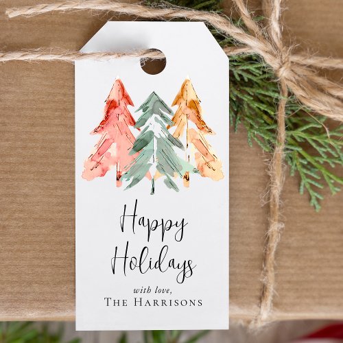 Happy Holidays Pine Tree Watercolor Christmas Gift Tags