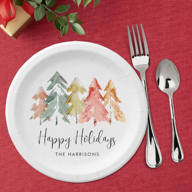 Happy Holidays Pine Tree Watercolor Christmas Paper Plates (Creator Uploaded)