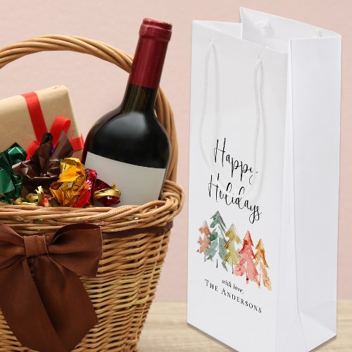 Happy Holidays Pine Tree Watercolor Christmas Wine Gift Bag