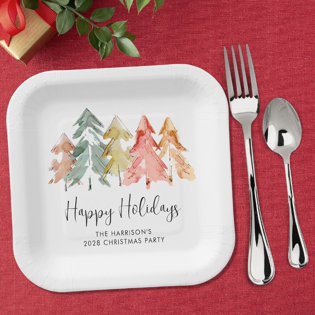 Happy Holidays Pine Trees Christmas Party Paper Plates (Creator Uploaded)