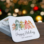 Happy Holidays Pine Trees Watercolor Christmas Square Paper Coaster<br><div class="desc">Simple and elegant coasters for your Christmas table decor featuring a watercolor abstract of pine trees in muted sage green,  red,  gold and terracotta,  "Happy Holidays" in a stylish script and your name in modern typography.</div>