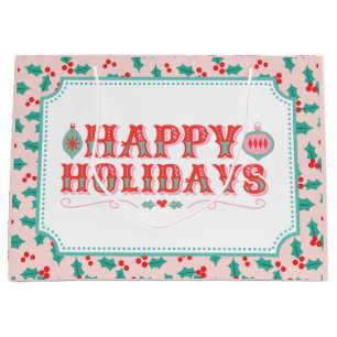 Happy Holidays   Pink and Red Holly Large Gift Bag