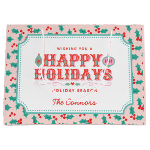 Happy Holidays   Pink and Red Holly   Personalized Large Gift Bag