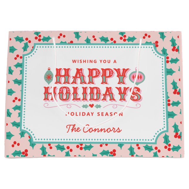 Happy Holidays | Pink and Red Holly | Personalized Large Gift Bag (Front)