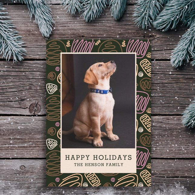 Happy Holidays Pink Black One line Pet Photo Holid Holiday Card (Creator Uploaded)