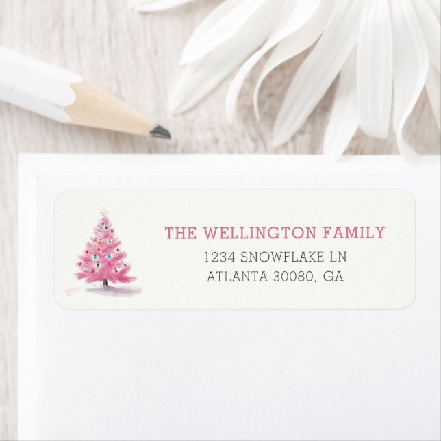 Happy Holidays Pink Christmas Tree Custom Address Label (Insitu)