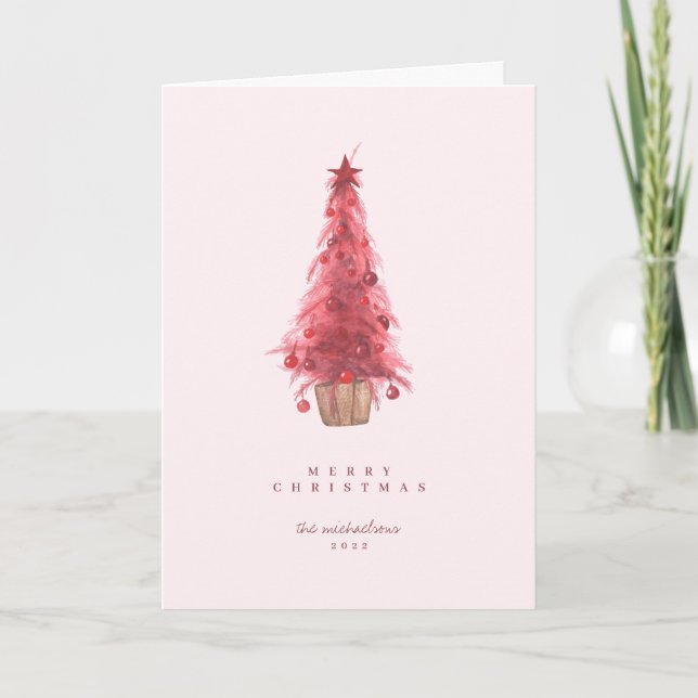 HAPPY HOLIDAYS Pink Christmas Tree Holiday Card (Front)