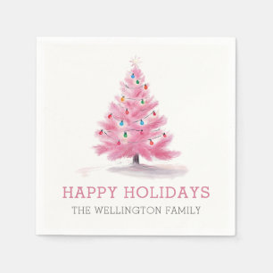 Happy Holidays Pink Christmas Tree Modern Napkins