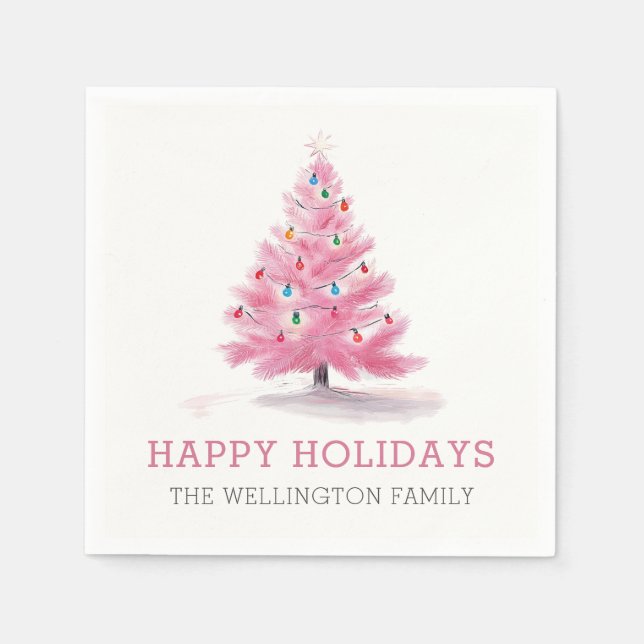 Happy Holidays Pink Christmas Tree Modern Napkins (Front)