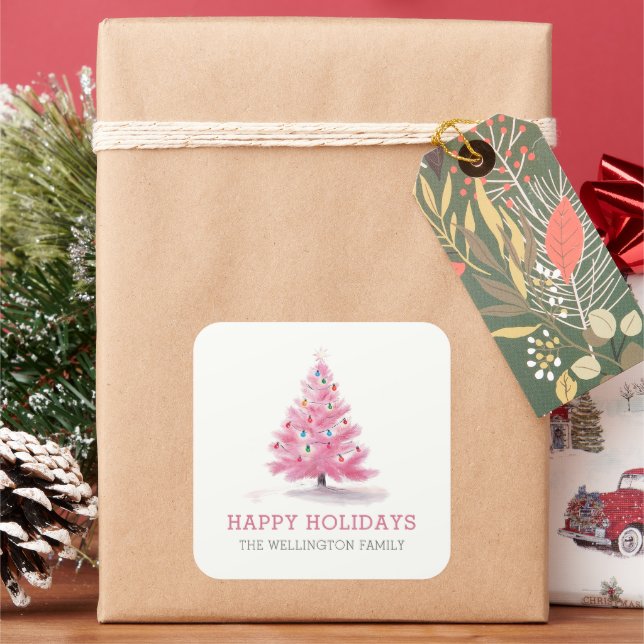 Happy Holidays Pink Christmas Tree Modern Square Sticker (Holiday)