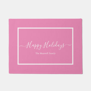 Happy Holidays pink family name Doormat