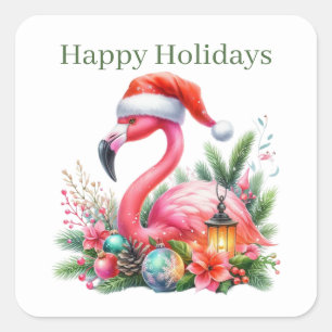 Happy Holidays pink flamingo Christmas Square Sticker