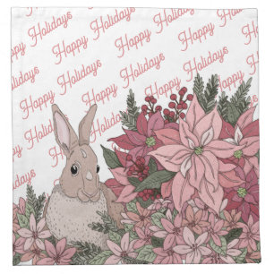 Happy Holidays Pink Flowers and Bunny Cloth Napkin