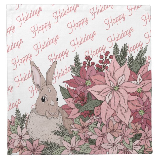 Happy Holidays Pink Flowers and Bunny Cloth Napkin (Front)