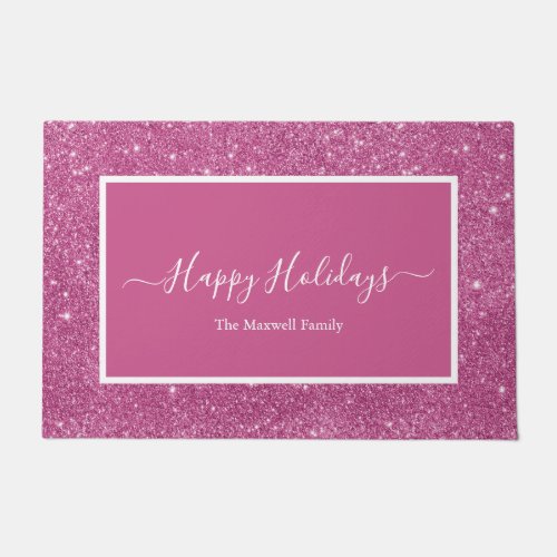 Happy Holidays pink glitter script family name   Doormat