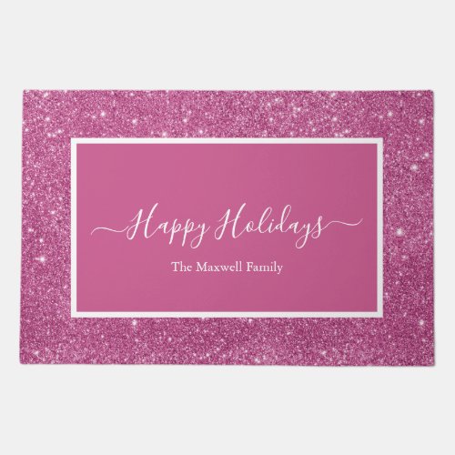 Happy Holidays pink glitter script family name   Doormat