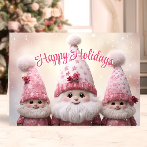 Happy Holidays Pink Gnomes Christmas Holiday Card