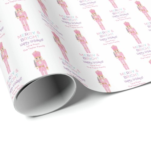 Happy Holidays Pink Lilac Nutcrackers Family Name Wrapping Paper