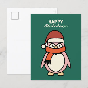 happy holidays pink penguin holiday postcard