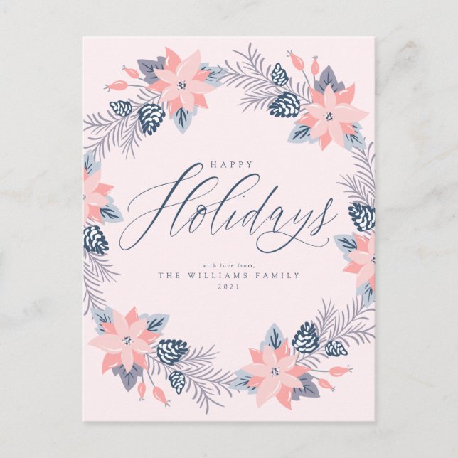 Happy Holidays Pink Poinsettia Wreath Postcard (Front)