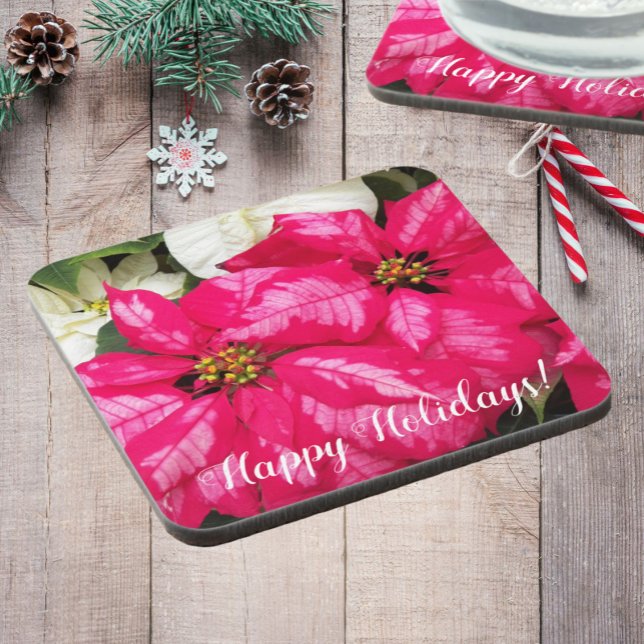 Happy Holidays Pink Poinsettias Floral Beverage Coaster (In Situ Holiday)