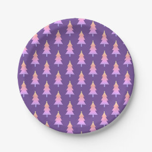 Happy Holidays Pink Purple Fir Tree Pattern Paper Plates